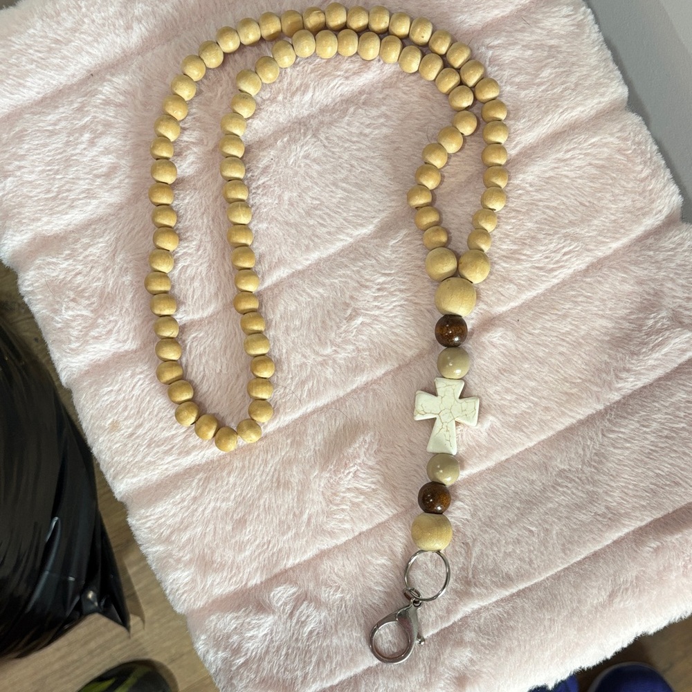 Natural Wood Homemade Beaded Keychain Necklace/Lanyard